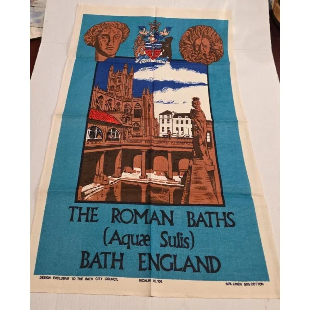 Vintage Roman Baths England Linen Cotton Tea Towel Wall Hanging Bath 19